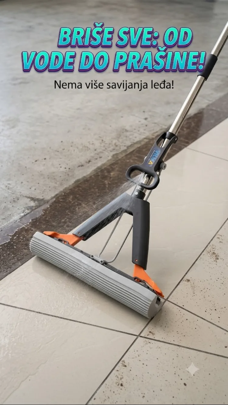 Vilma mop briše pločice u kući